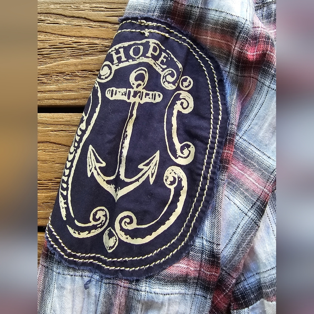 Primevil Skull & Crossbones Embroidered Plaid Button Up Flannel - Picture 5 of 6